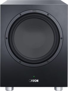 Subwoofer Canton Power Sub 12 S2 černý, pohled zepředu, centrální kulatý reproduktor a stříbrné nožky