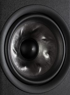 Diffusore centrale Polk Audio R300 nero, primo piano frontale dell'altoparlante circolare nero lucido