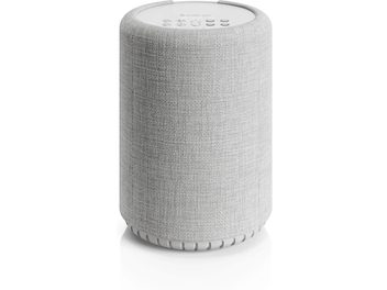 Enceinte connectée Audio Pro A10 MkII W gris clair, cylindrique, à texture tissée et commandes sur le dessus