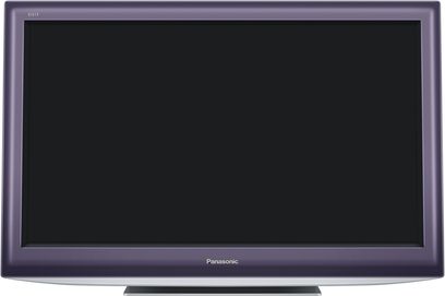 Panasonic TX-L32D28EP tv set forfra, slukket skærm, blank mørkelilla ramme, sølvfarvet logo nederst i midten