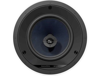 Głośnik instalacyjny Bowers & Wilkins CCM682, widok z przodu, czarna maskownica z centralnym głośnikiem, matowa czarna obudowa
