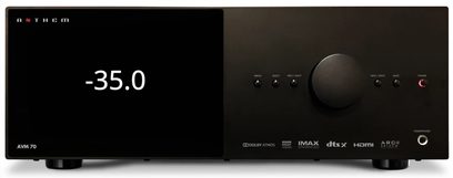 Předzesilovač pro domácí kino Anthem AVM 70 8K černý, přední panel s digitálním displejem "-35.0" a ovládacími tlačítky
