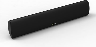 Sort, langstrakt GoldenEar SuperSat 50C-centerkanal, set forfra, med sort gitter over hele længden