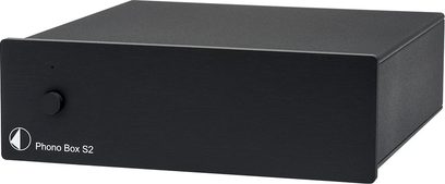 Pro-Ject Phono Box S2 black phono preamp, matte black metal rectangular housing, top-down 3/4 front view, rotary knob and LED on the front panel