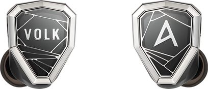 Špunty do uší Astell&Kern STELLA v černé a stříbrné barvě, fasetované kryty s logy VOLK a A při pohledu zepředu