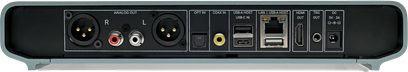 Lecteur audio réseau Volumio Primo Plus vu de dos avec sorties XLR et RCA, entrées optique et coaxiale, USB, HDMI et LAN