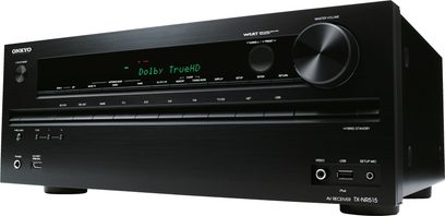 Onkyo TX-NR515 sort hjemmebiografsforstærker, frontpanel, frontvisning, "Dolby TrueHD"-display, synlige knapper og stik
