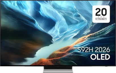 Samsung TQ48S92H 2026 OLED TV med flad sort skærm, tynd ramme og central fod set forfra