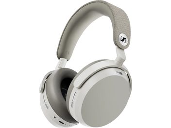 Sennheiser Momentum 5 witte hi-fi hoofdtelefoon, licht beklede hoofdband en grijze oorkussens, driekwart aanzicht