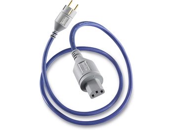 Cavo di alimentazione IsoTek EVO3 Premier da 1,5m blu e grigio con spine maschio alle due estremità, vista frontale