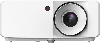 Optoma ZH350 hvid projektor set forfra, mørkebrunt objektiv, sort ventilationsgitter