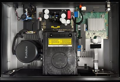 Lettore multimediale R_volution Chassis DIY-X700 + UBP-X700, vista interna con scheda madre, alimentatore e blocco ottico