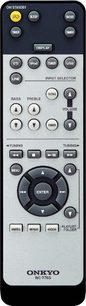 Dálkový ovladač Onkyo RC-776S v šedo-stříbrné barvě s černými tlačítky a LCD displejem, pohled zepředu