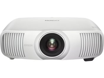 Epson EH-LS9000W white video projector, plastic casing, front view, centered lens, side ventilation grilles