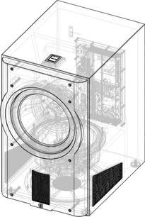 Perlisten D215s subwoofer i sort højglans, perspektivisk visning, gennemsigtig struktur, cirkulær front-højttaler, nederste basrefleksporte