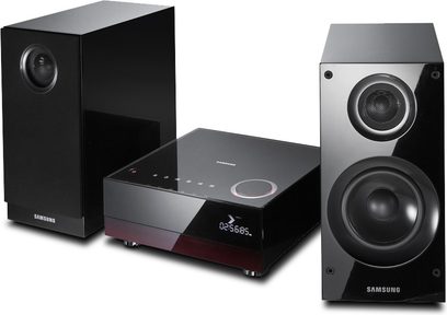 Samsung MM-DG35i lydsystem i sort set forfra, bogreolshøjttaler, subwoofer og forstærker