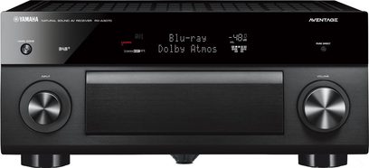 Yamaha RX-A3070 sort home cinema-forstærker set forfra, blåt display, sølvfarvede knapper, 2 volumenkontroller