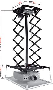Vogel's PPL 2525 sort loftmontering til videoprojektor, eksploderet visning med dimensioner, metalstruktur og firkantet base