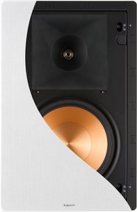 Schwarzer Klipsch PRO-180-RPW Wandeinbaulautsprecher mit weißem Gitter und sichtbarem kupferfarbenem Lautsprecher