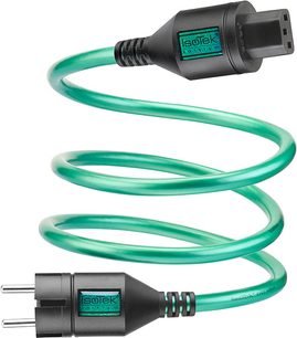 Cavo di alimentazione IsoTek EVO3 Initium da 1,5m verde smeraldo a spirale con connettori IEC C13 e spina di alimentazione neri