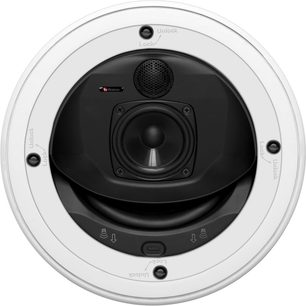 Boston Acoustics HSi4830 indbygget højttaler, set forfra, cirkulær sort gitterdæksel med central diskant, 4 perifere monteringsbeslag