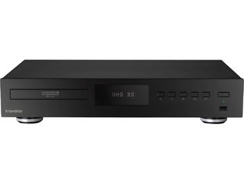 Svart Krovatar KBU-500 4K Blu-ray-spelare, sedd framifrån, med skivsläde, central display och USB-port på fronten