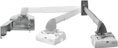 Vogel's PPS 801 hvid loftmontering til videoprojektor, set fra oven og siden, bestående af 3 drejelige arme