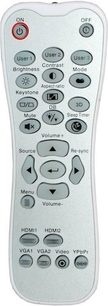 Mando a distancia gris de Optoma con botones para controlar la fuente, el volumen, el menú y la configuración de un videoproyector UHD35