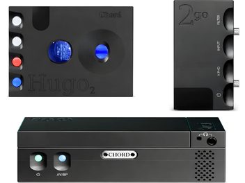 Convertitore audio DAC Chord Hugo 2 nero, viste frontale, laterale e dall'alto, pulsanti colorati e oblò luminosi blu