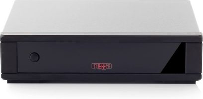 Preamplificator fono Rega Fono MC MK4 negru, vedere frontală, format rectangular, față din aluminiu perlat, afișaj LED roșu