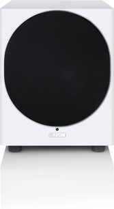 Canton Townus 12 Sub subwoofer i matt hvit sett forfra, kubisk hvit kabinett og stor rund svart grill