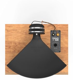 Enceinte bibliothèque Klipsch kO-R1 Figueroa Veneer vue de dessus avec pavillon noir, boîtier en bois et panneau de connexion noir