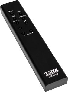 Taga Harmony HTA-1200B sort hi-fi stereforstærker, frontvisning af fjernbetjeningen med knapper og indskrifter