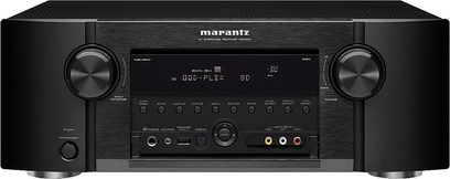 Marantz SR5005 sort hjemmebiografsforstærker, frontpanel, frontvisning, blå skærm, sølvfarvede knapper og drejeknapper