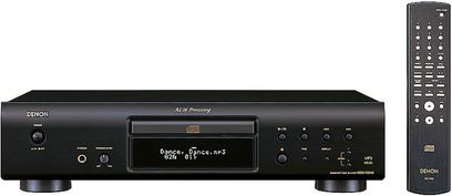 Denon DCD-700AE sort CD-afspiller, frontvisning, blåt LCD-display, sølvfarvede knapper og kontrolhjul, fjernbetjening