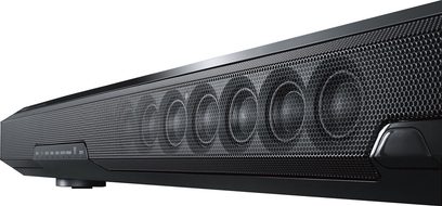 Yamaha SRT-1000 Soundbar schwarz, Frontansicht, perforiertes Metallgitter, Sensorfelder, Logo