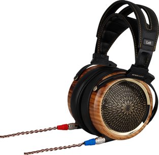 Otevřená hifi sluchátka Sendy Audio Peacock Zebra, zebrové dřevo, kulatá kovová mřížka, černé kožené náušníky, červeno-modrý pletený kabel