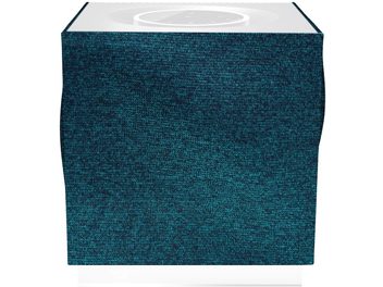 Grilă boxă Naim Audio Mu-so Qb 2 albastră, material textil albastru turcoaz, ramă albă, vedere frontală