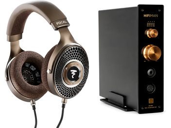 Cuffie Focal Clear Mg marroni con griglia a nido d’ape con amplificatore DAC HiFiMAN EF499 nero con pulsanti dorati