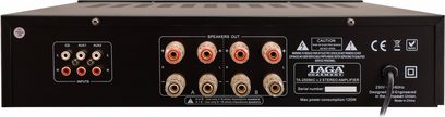 Hi-fi stereo forstærker Taga Harmony TA-250MIC v2, bagside, RCA-stik, højttalerterminaler, advarselsmærkater