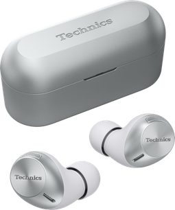 Trådløse Technics EAH-AZ40M2-S sølvfarvede hovedtelefoner med oval grå opladningsetui, set forfra og fra siden
