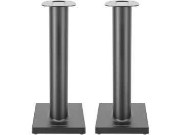 Twee identieke zwarte Bowers & Wilkins Formation FS Duo Stand luidsprekerstandaards, slank cilindrisch ontwerp