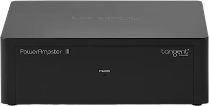 Amplificator hi-fi Tangent PowerAmpster III negru, compact, cu panou frontal minimalist, logo și indicator de standby