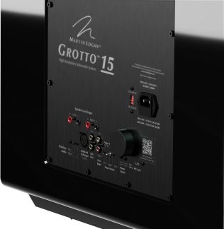 Černý subwoofer MartinLogan Grotto 15, pohled zezadu s panelem připojení a ovládacím knoflíkem