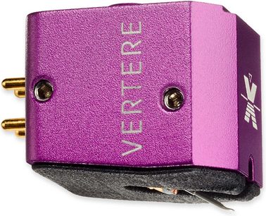 Testina per giradischi Vertere Acoustics MC XtraX viola vista frontale, corpo metallico, connettori dorati