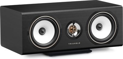 Triangle Solstice C3 black center speaker, front view, with two white speakers and metallic central tweeter