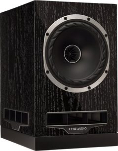 Fyne Audio F500S kolonėlė iš juodo uosio medienos, vaizdas 3/4 iš priekio kairės, koaksialinis garsiakalbis, stačiakampės angos