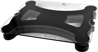 Tableta Relaxa 750 eSseCi de diseño de vidrio negro, vista superior, forma curvada con recortes ovalados en los extremos