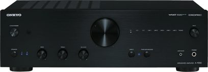 Onkyo A-9050 sort integreret stereo hi-fi-forstærker, set forfra, sort front med knapper, drejeknap og stik på forsiden