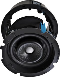 Zapuštěný reproduktor Sonance VX64R v černé barvě, detailní pohled zepředu, černá mřížka s modrým logem, šedý kuželový reproduktor